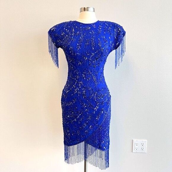 VTG Stenay Women 4 100% Pure Silk Royal Blue Beaded Fringe Elegant Flapper Dress - Picture 1 of 15